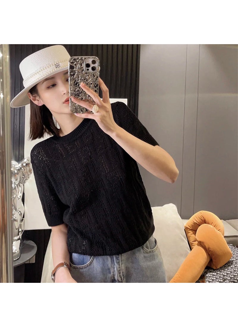 Cross-Border round neck sweater sweater versatile short sleeve 2023 Summer new bottoming slimming inner top T-shirt Black