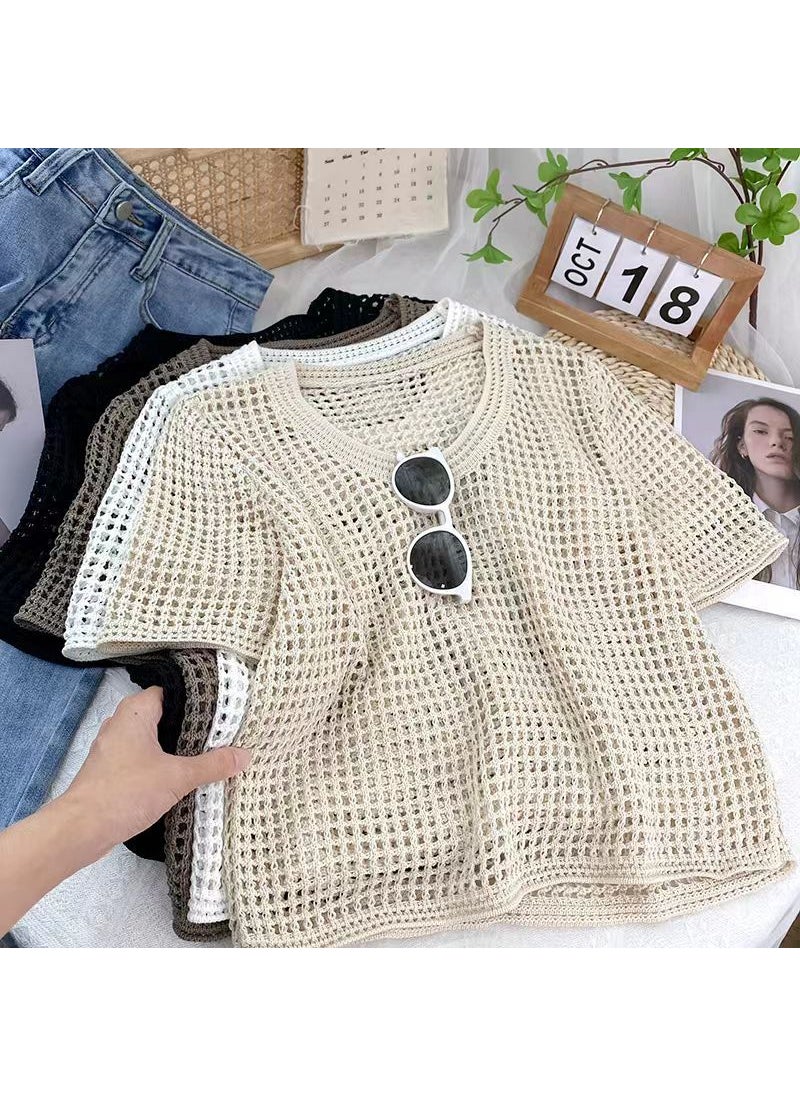 Outerwear knitwear gray top short 2023 Summer new T-shirt round neck short sleeve loose sweater for women Apricot