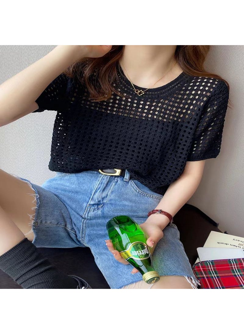 Outerwear knitwear gray top short 2023 Summer new T-shirt round neck short sleeve loose sweater for women Apricot