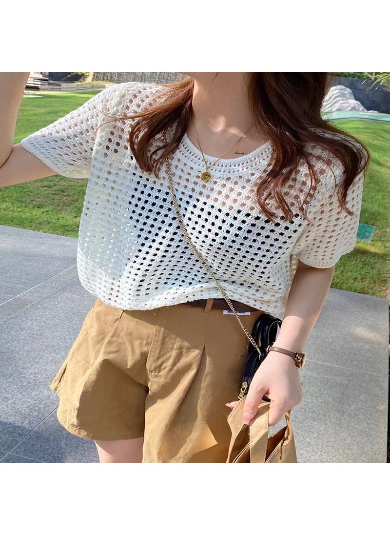 Outerwear knitwear gray top short 2023 Summer new T-shirt round neck short sleeve loose sweater for women Apricot