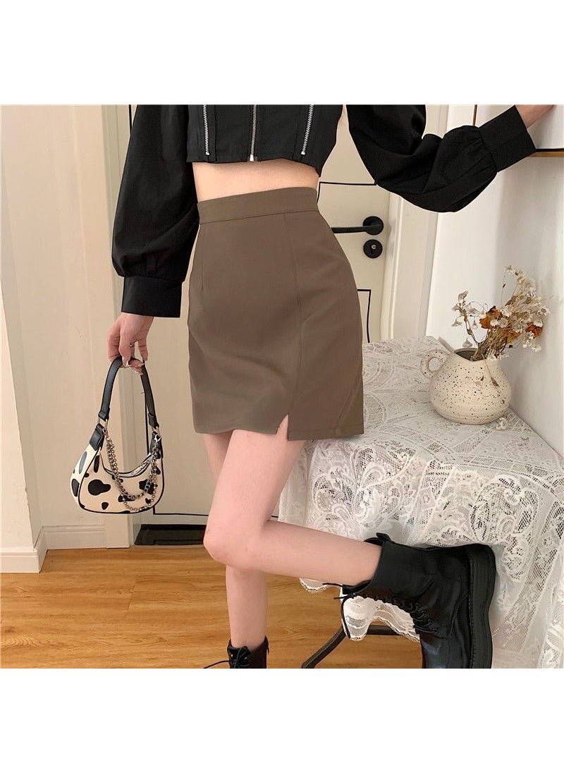 New A-Line Casual Business Skirt High-Waist Slimming Coffee Color With Slit Brown (with lining)