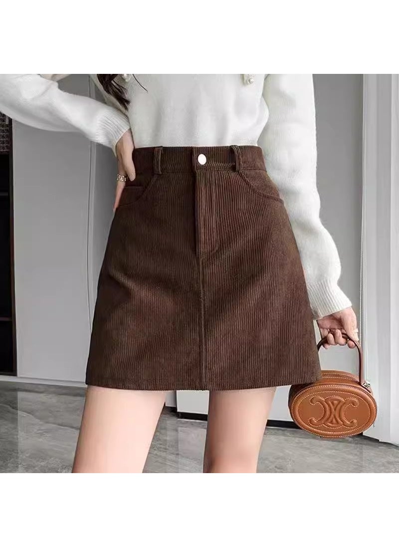 Corduroy High Waist A-Line Skirt Brown/lined