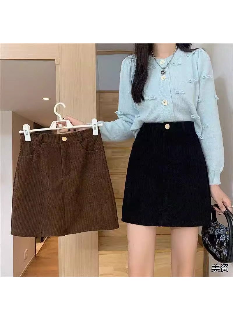 Corduroy High Waist A-Line Skirt Brown/lined