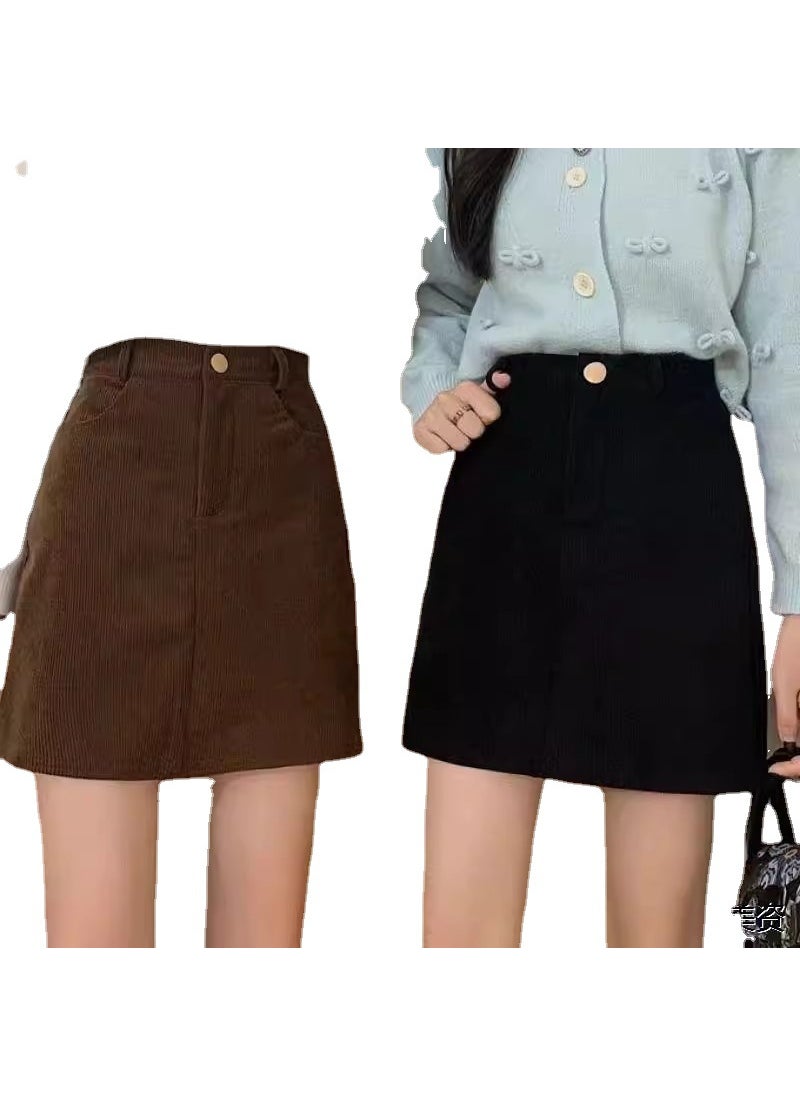 Corduroy High Waist A-Line Skirt Brown/lined