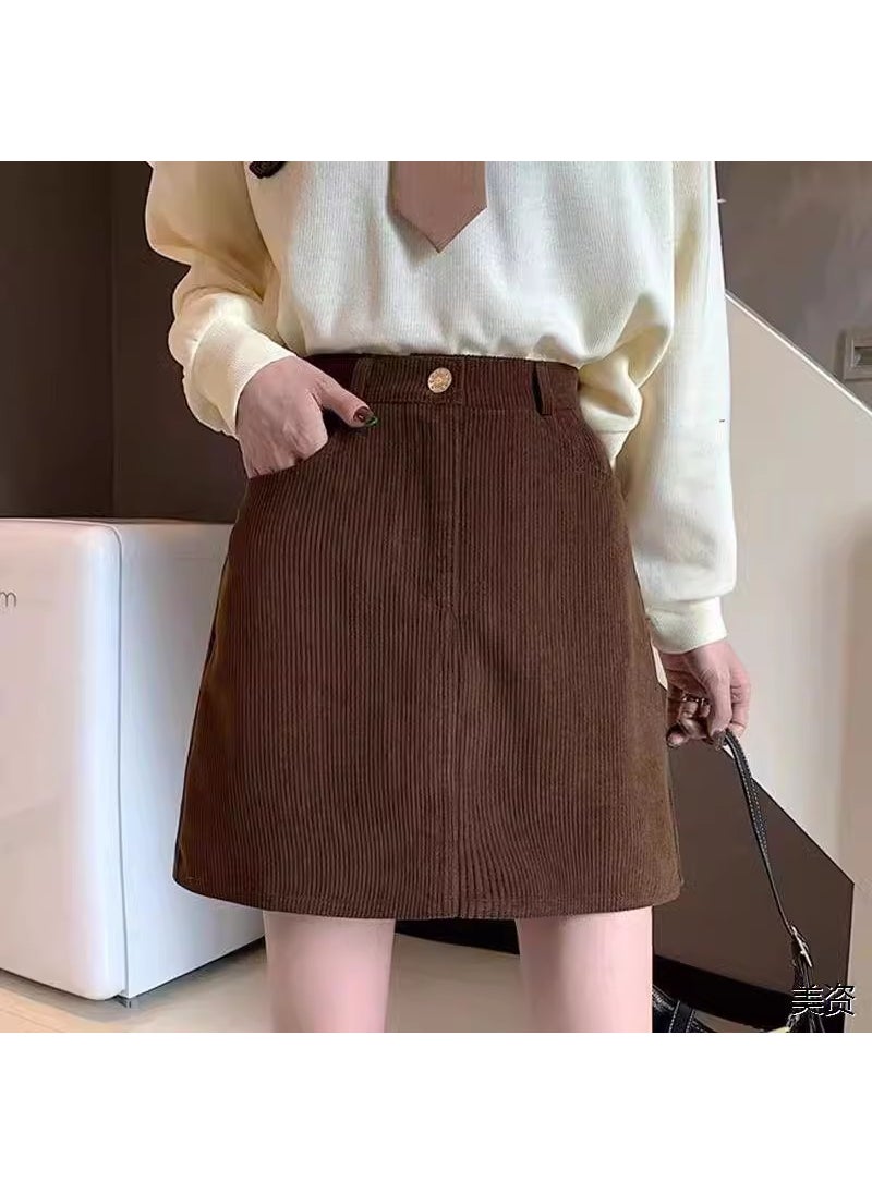 Corduroy High Waist A-Line Skirt Brown/lined