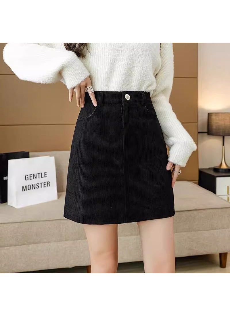 Corduroy High Waist A-Line Skirt Black/lined