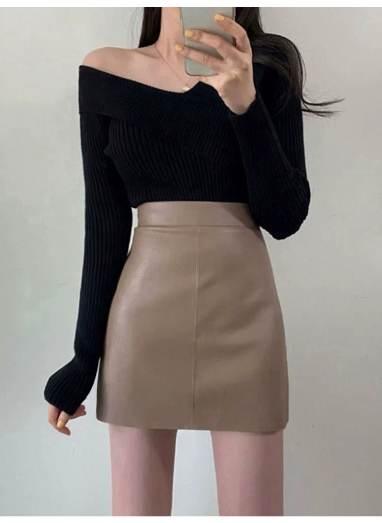 Black PU Leather Skirt Autumn High Waist Slimming A-Line Mini Camel - lined