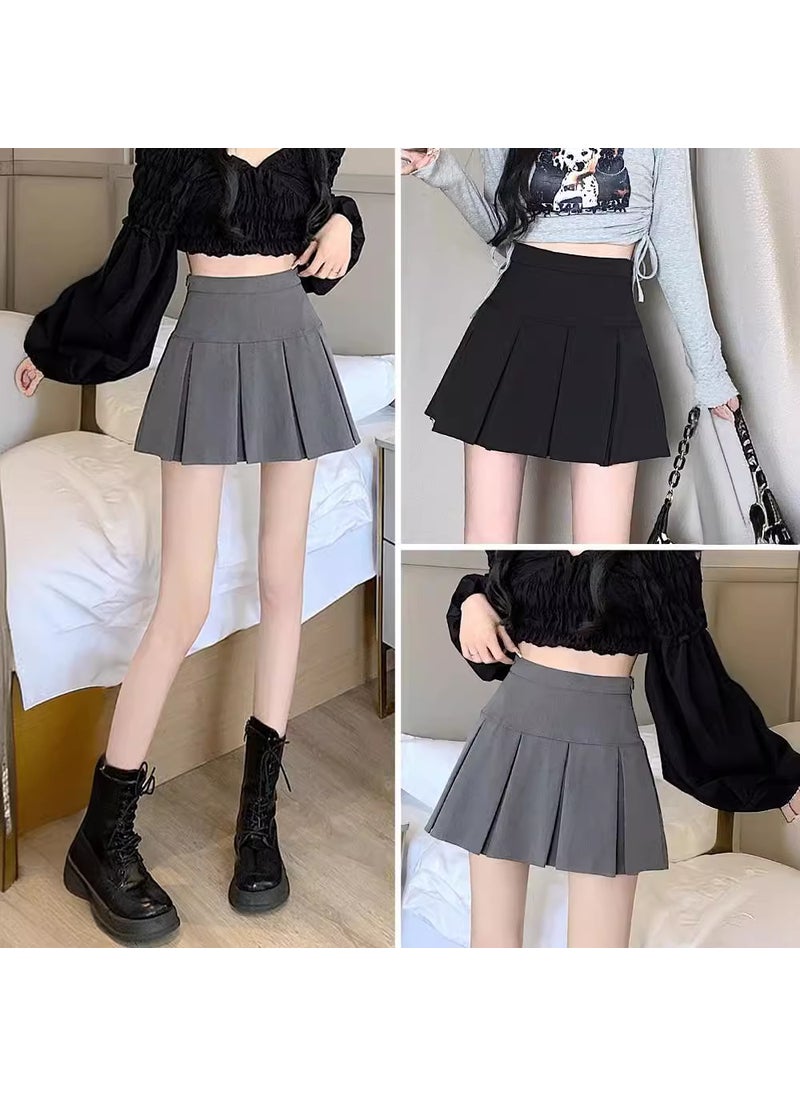 Gray High Waist Pleated Skirt Autumn A-Line Mini Black/lined