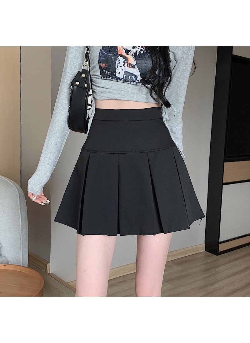 Gray High Waist Pleated Skirt Autumn A-Line Mini Black/lined