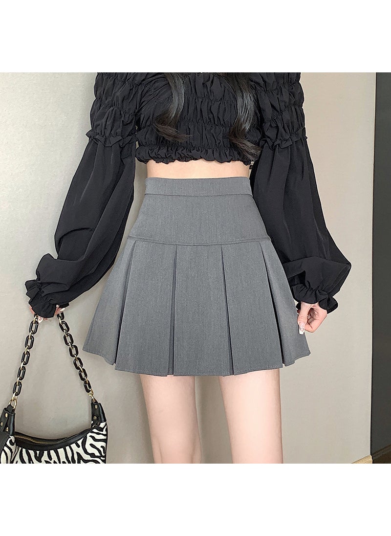 Gray High Waist Pleated Skirt Autumn A-Line Mini Gray/lined