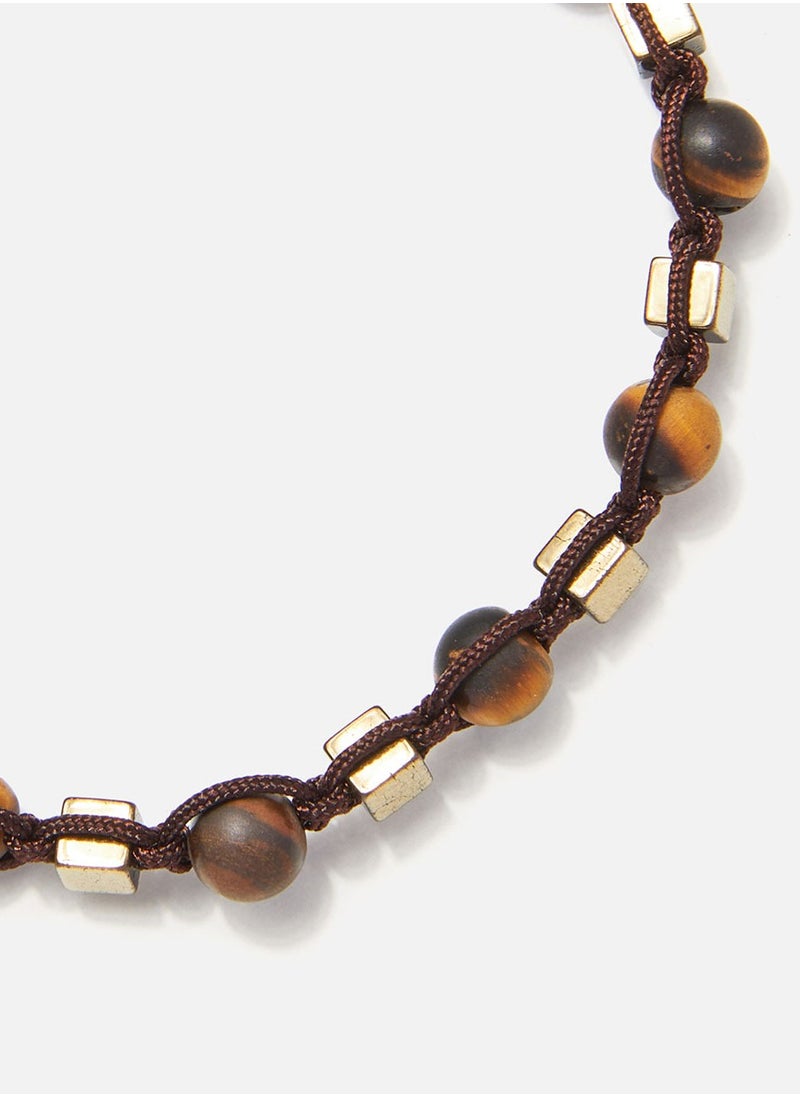 Handmade Adjustable Beaded Bracelet for Men with Knitted Design & Matte Brown Tiger’s Eye