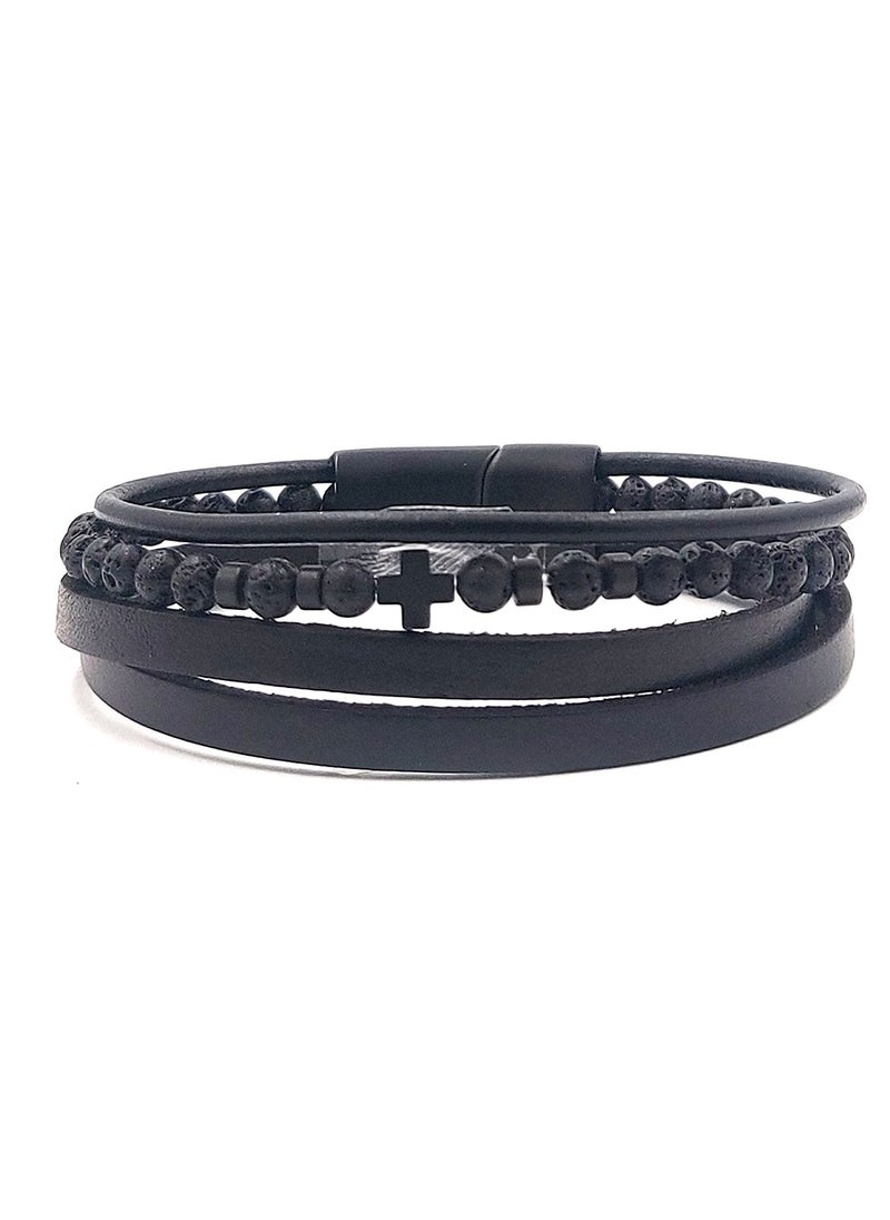 Handmade Leather Bracelet with Black Strap and Center Silver Stainless Steel Chain