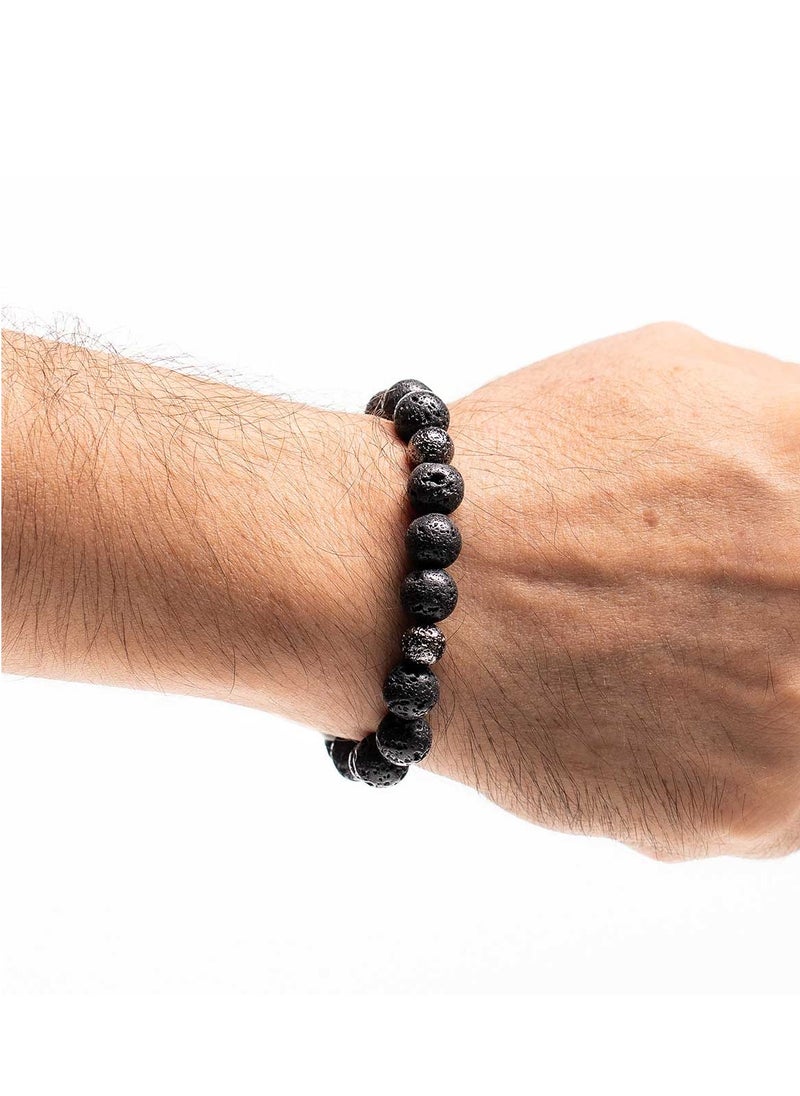 Handmade Beaded Men's Bracelet with Black Lava & Silver Lava, Durable Silicone Elastic