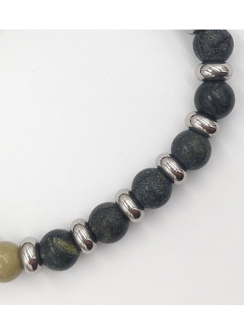 Handmade Beaded Bracelet for Men with Matte Green Agate & Hematite Grommet