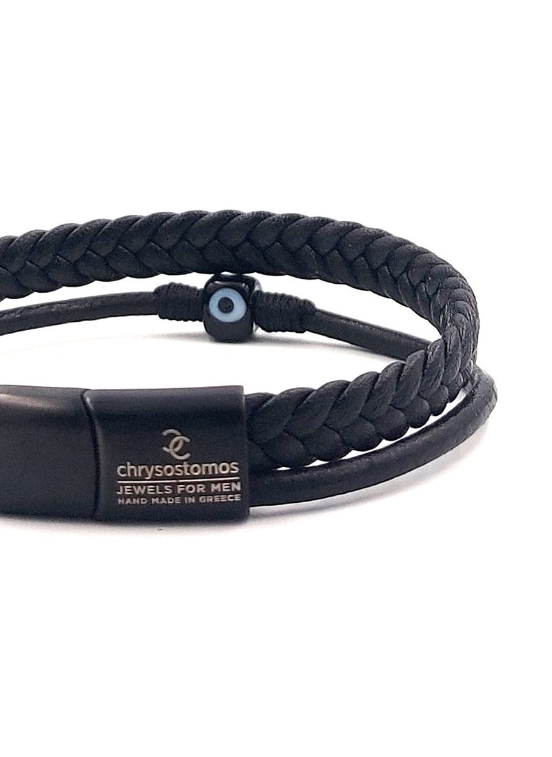 Handmade Double Leather Bracelet with Black Leather Braid, Strap & Center Evil Eye