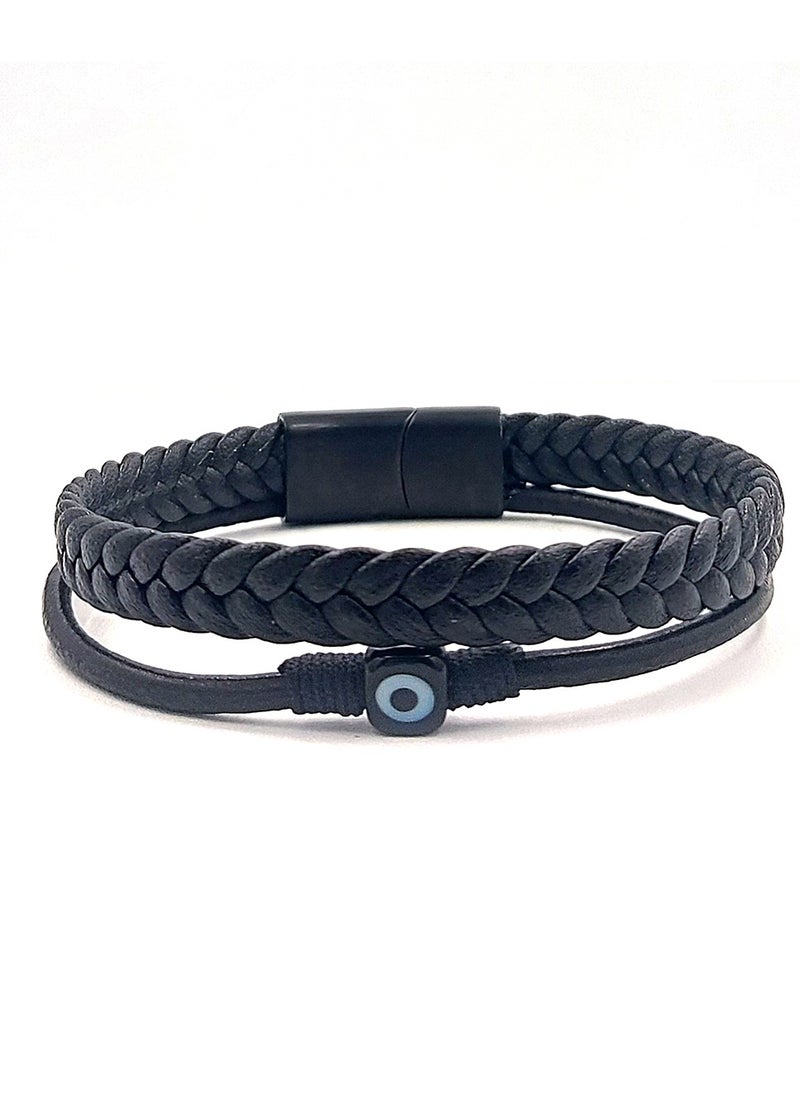 Handmade Double Leather Bracelet with Black Leather Braid, Strap & Center Evil Eye