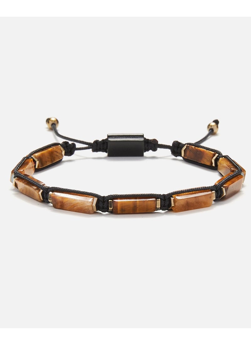 Handmade Adjustable Beaded Bracelet for Men with Knitted Design & Brown Rectangular Tiger Eye Tube