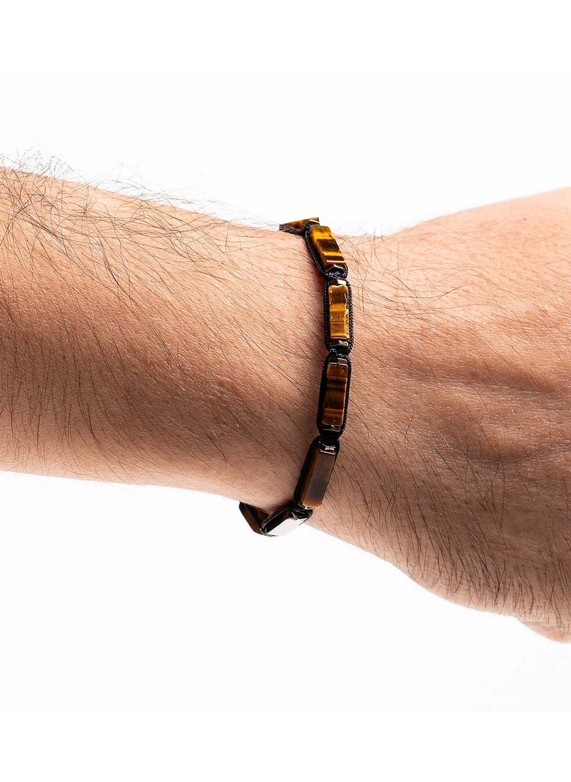 Handmade Adjustable Beaded Bracelet for Men with Knitted Design & Brown Rectangular Tiger Eye Tube