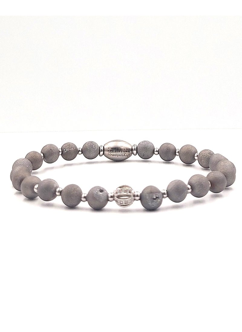 Handmade leather Beaded bracelet for men with silver druzy agate & hematite.