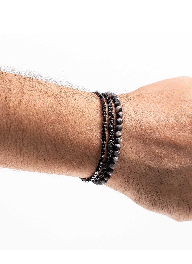 Handmade Adjustable Beaded Bracelet for Men with Multi-Line Matte Larvikite & Polygonal Hematite