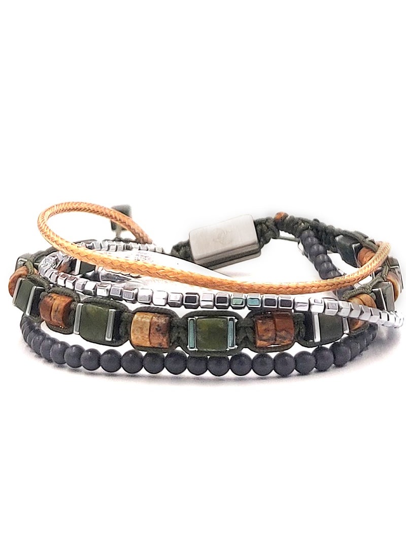 Handmade Multiline Adjustable Bracelet for Men with Multi-Line Design & Green Agate