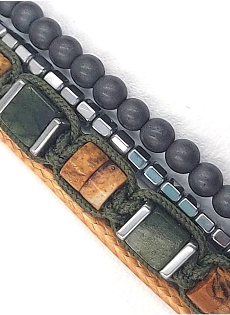 Handmade Multiline Adjustable Bracelet for Men with Multi-Line Design & Green Agate