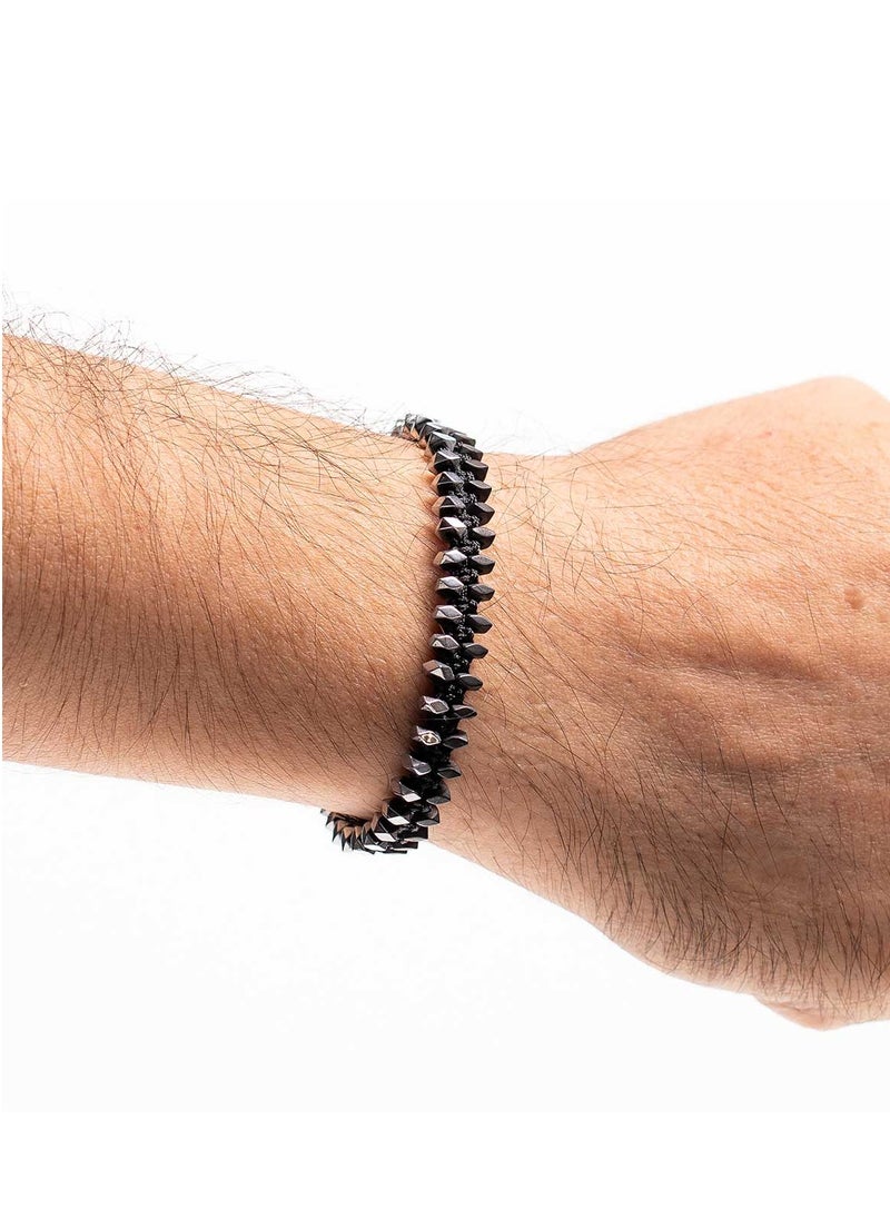 Handmade Adjustable Beaded Knitted Bracelet for Men with Black Cord & Silver/Black Hematite, Adjustable Macrame Tying