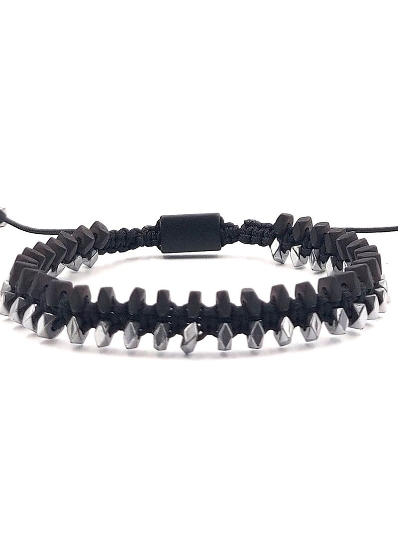 Handmade Adjustable Beaded Knitted Bracelet for Men with Black Cord & Silver/Black Hematite, Adjustable Macrame Tying