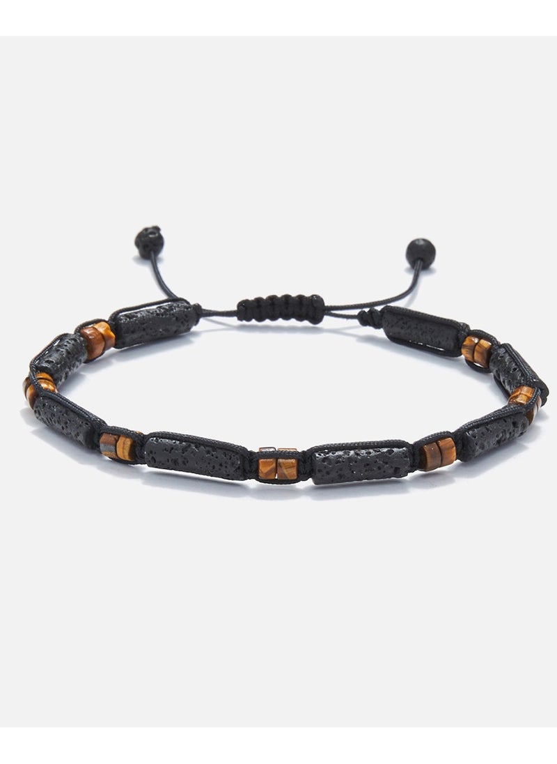 Handmade Adjustable Beaded Bracelet for Men with Knitted Design, Black Lava & Brown Tiger's Eye Stones