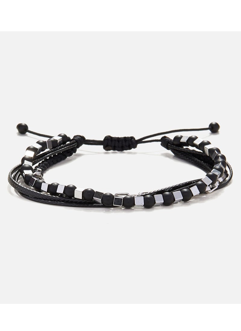 Handmade Adjustable Beaded Multi-Line Bracelet with Onyx, Squared Hematite, Cords & Braided Chain