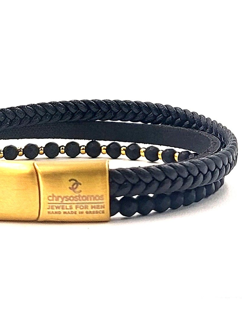 Handmade Leather Bracelet for Men with Braided Design & Black Onyx