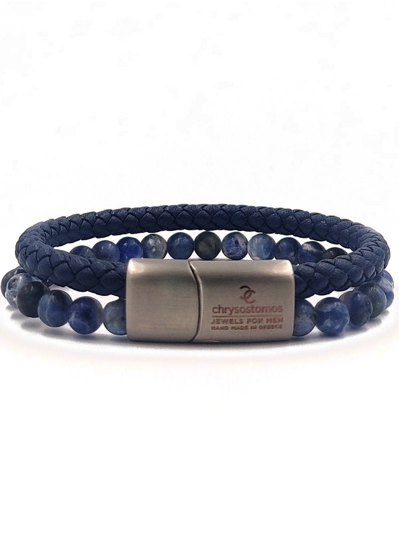 Handmade Leather Beaded Bracelet for Men with Double Blue Leather & Blue Sodalite