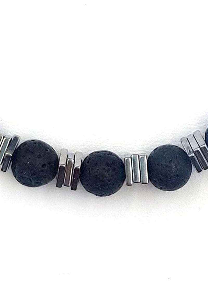 Handmade Beaded Leather Bracelet for Men with Lava Stone & Hematite