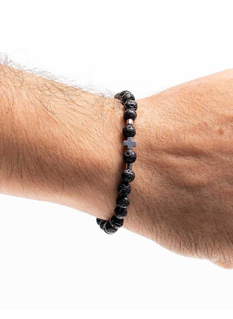 Handmade Beaded Bracelet with Black Lava, Hematite & Hematite Cross, Silicone Elastic