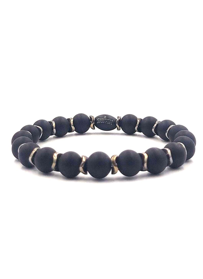 Handmade Beaded Bracelet for Men with Black Onyx & Gold Wave Hematite