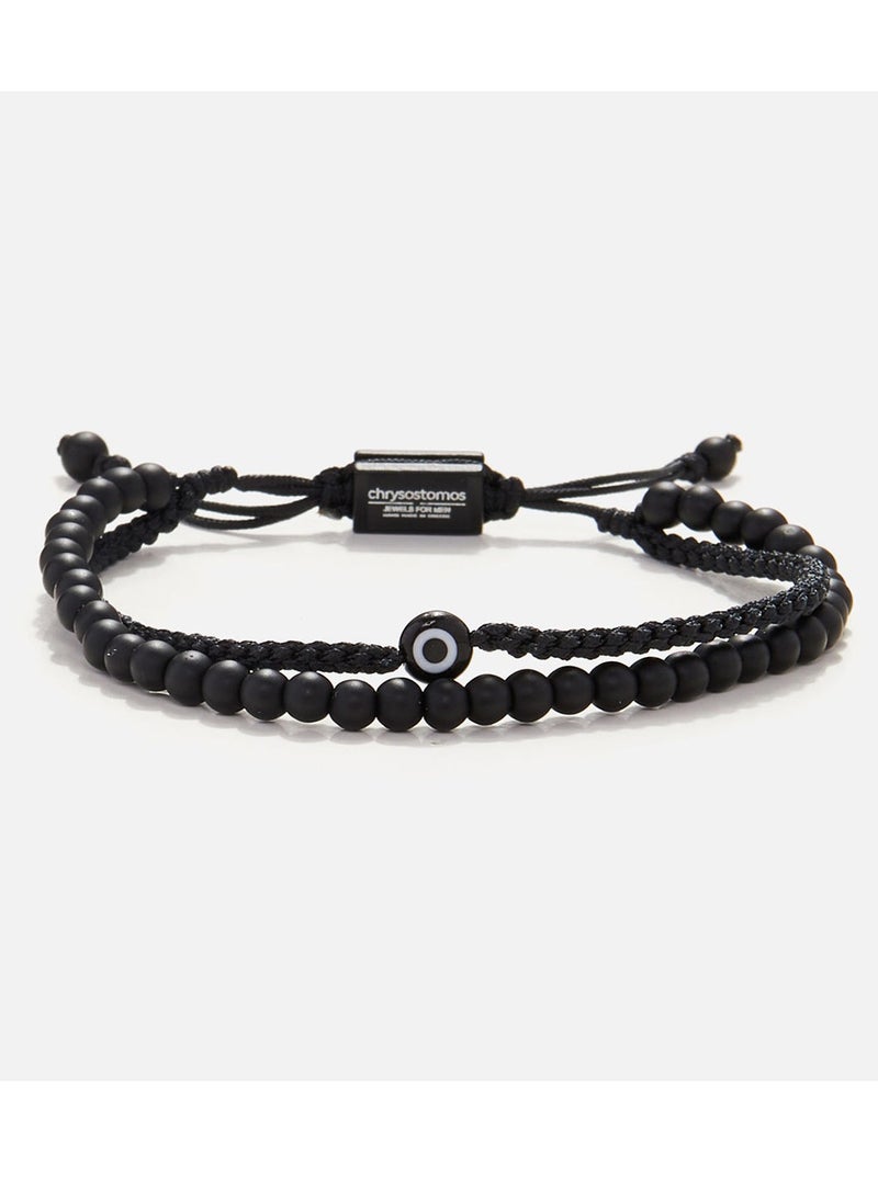 Handmade Adjustable Beaded Multi-Line Bracelet with Onyx, Braided Design & Black Glass Evil Eye, Macrame Adjustable Tying