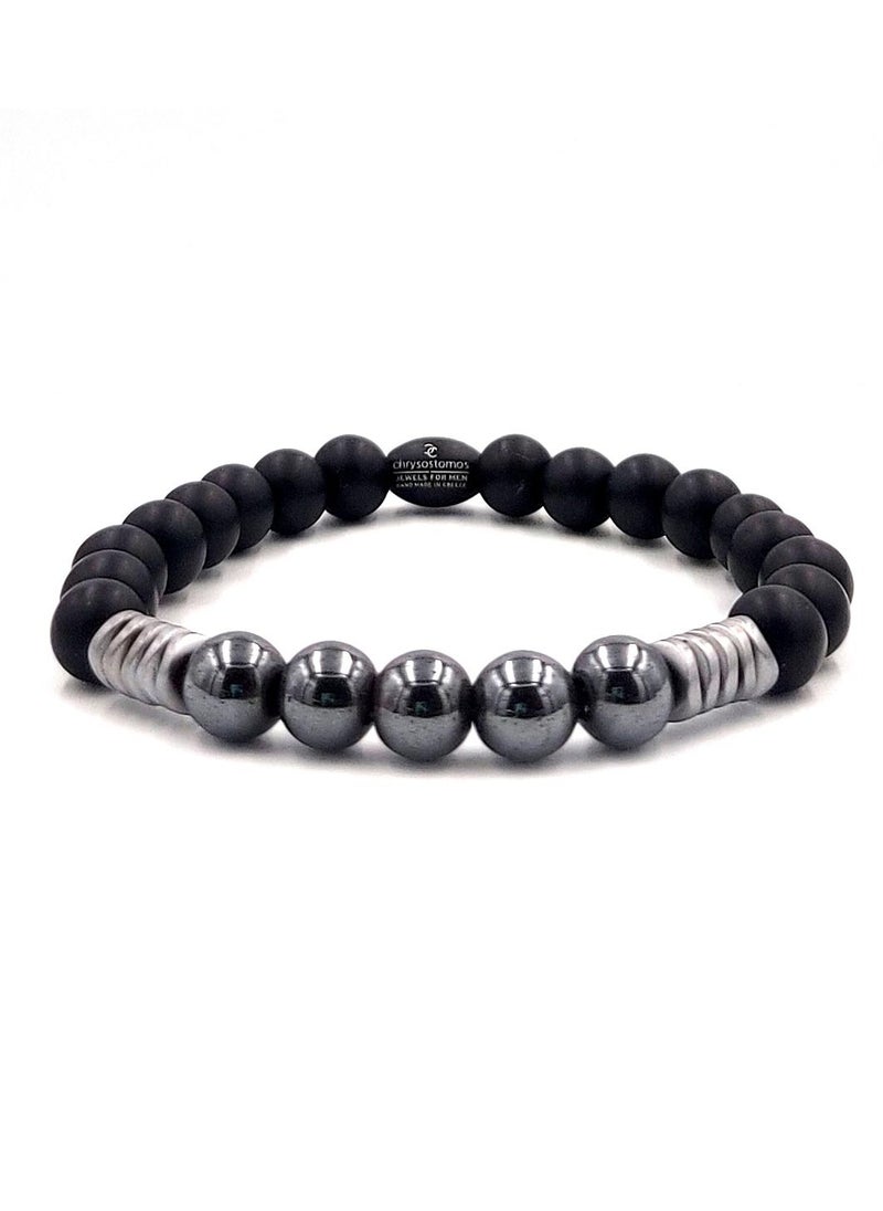 Handmade Beaded Bracelet with Black Onyx, Silver Hematite Ball & Matte Wave, Durable Elastic