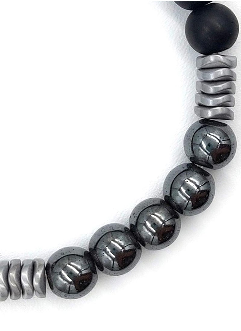 Handmade Beaded Bracelet with Black Onyx, Silver Hematite Ball & Matte Wave, Durable Elastic