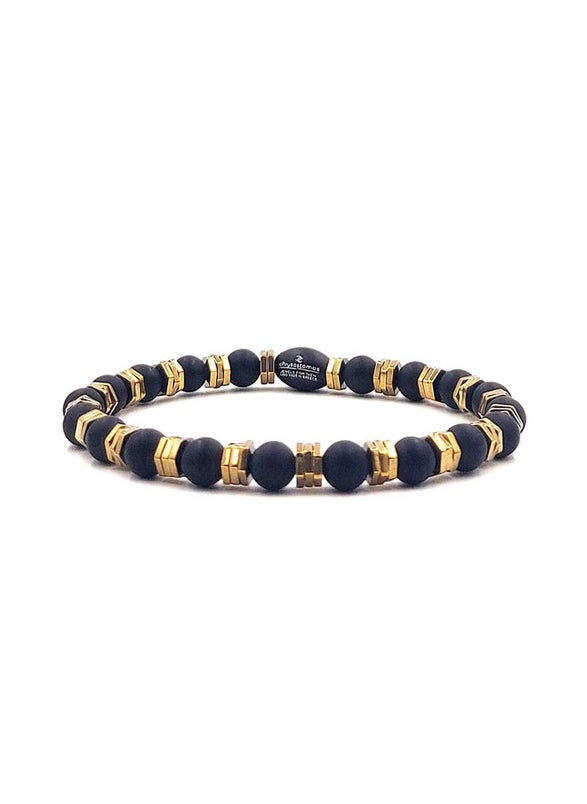 Handmade Leather Bracelet for Men with Natural Black Onyx & Gold Hematite