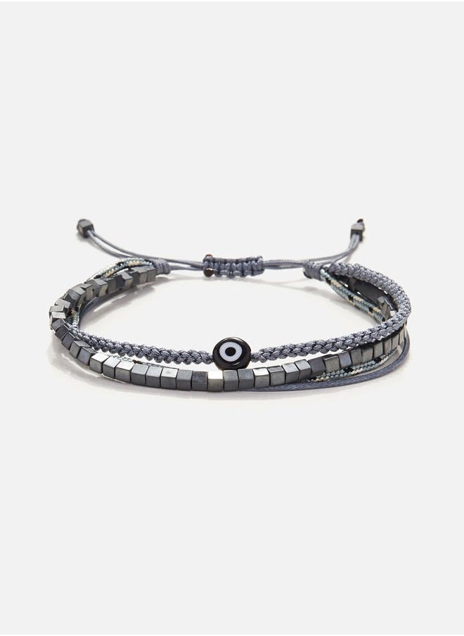 Handmade Multiline Adjustable Bracelet for Men with Multi-Line Design & Natural Grey Square Hematite