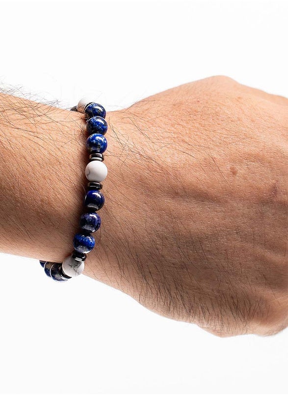 Handmade Beaded Bracelet for Men with Blue Agate, White Howlite & Hematite Rings