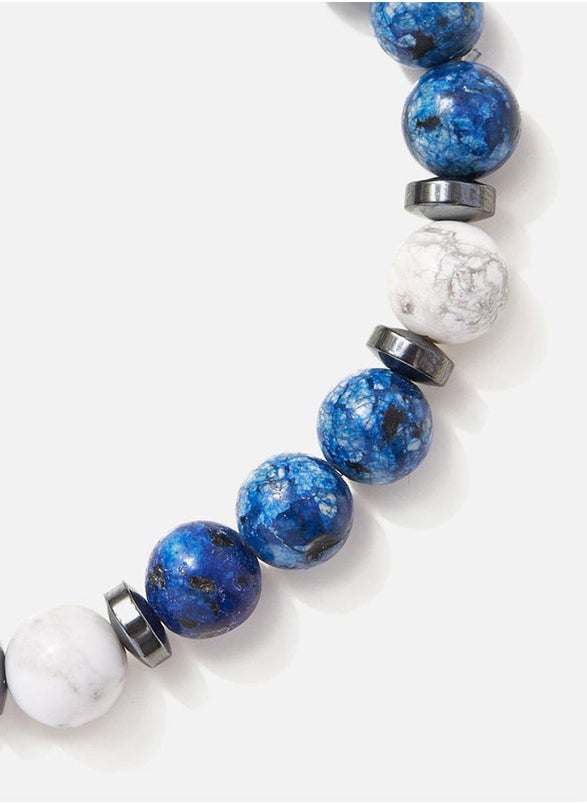 Handmade Beaded Bracelet for Men with Blue Agate, White Howlite & Hematite Rings