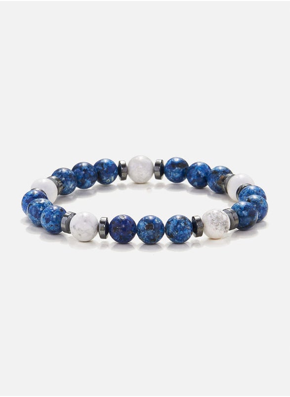 Handmade Beaded Bracelet for Men with Blue Agate, White Howlite & Hematite Rings