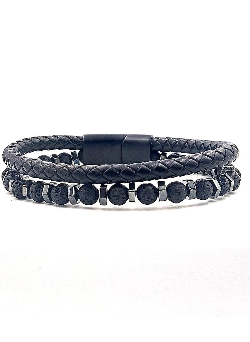 Handmade Double Leather Bracelet with Lava Stone and Hematite