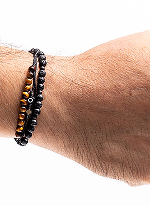 Handmade Multiline Adjustable Bracelet for Men with Lava Stones & Matte Hematite Square