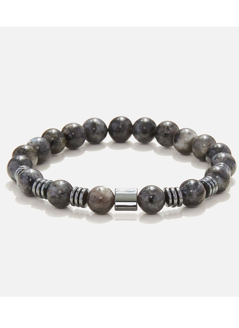 Handmade Beaded Bracelet for Men with Natural Larvikite & Hematite Flatten Grommet