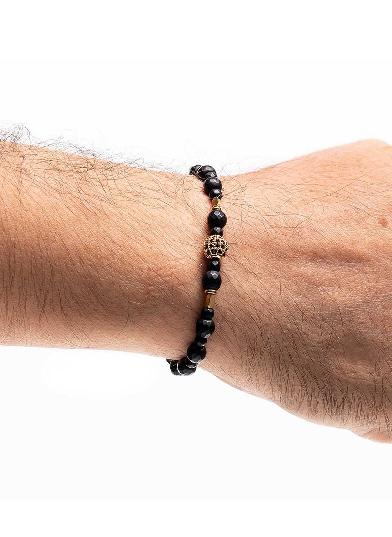 Handmade Beaded Bracelet for Men with Black Onyx and Golden Element in the Center