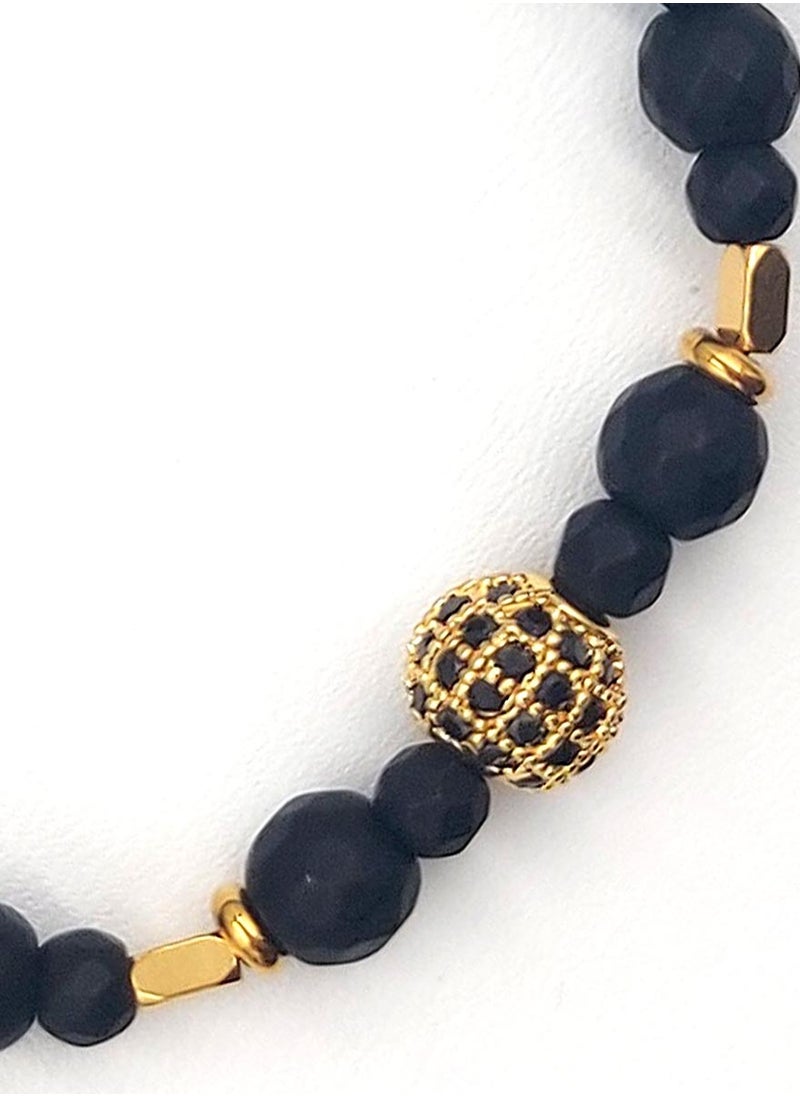 Handmade Beaded Bracelet for Men with Black Onyx and Golden Element in the Center