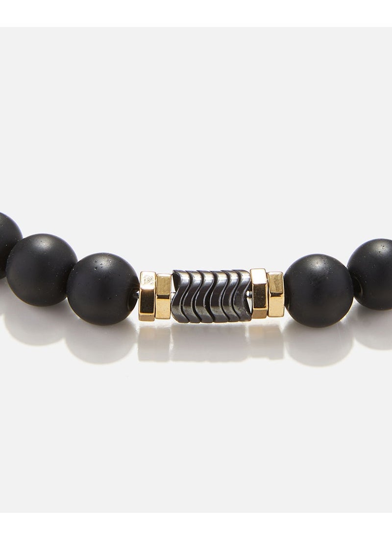 Handmade Beaded Bracelet for Men with Onyx & Double Golden Hematite Rings