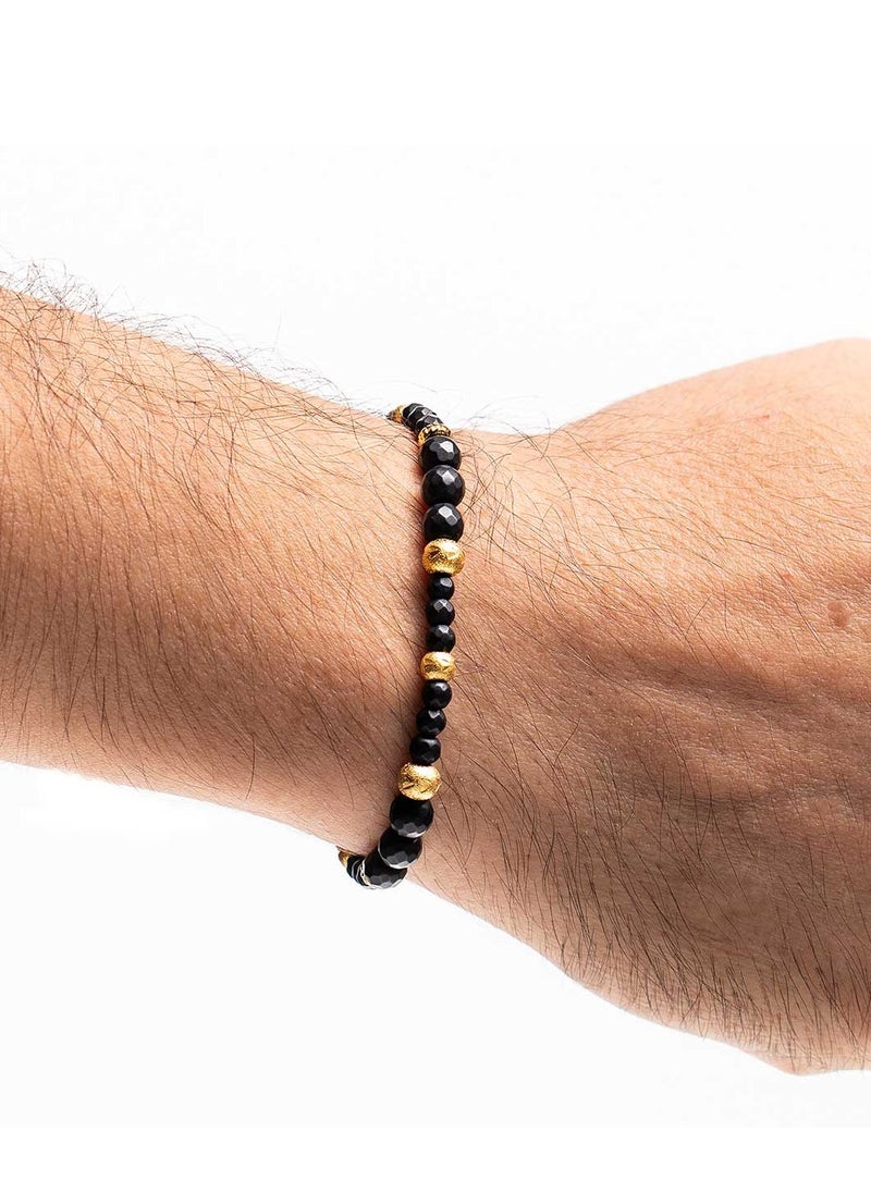 Handmade Beaded Bracelet for Men with natural mineral stones Black Onyx & Golden Elements